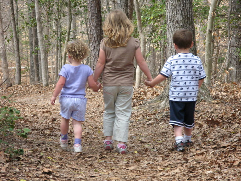 Three children holding hands while walking down a leaf-covered forest trail
