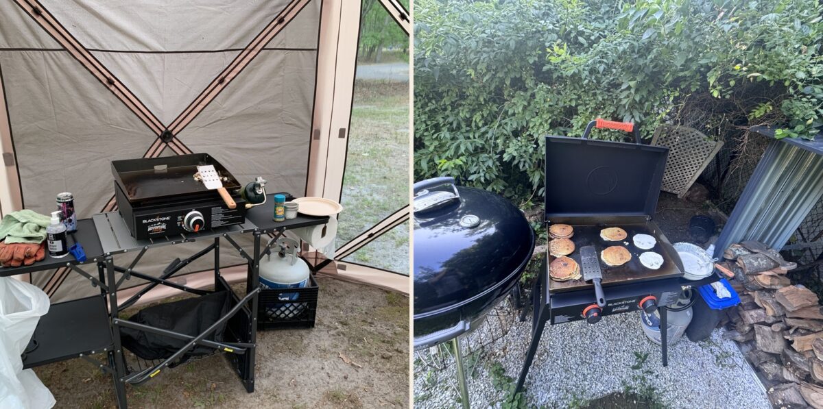 Side-by-side comparison of the Blackstone Adventure Ready 17-inch griddle set up in a screen tent and the 22-inch griddle on its stand cooking pancakes in a backyard